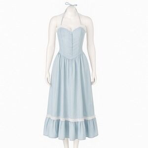 70 Denim Halter Dress Size S Light Wash Eyelet Lace Trim Pockets Milk Maid